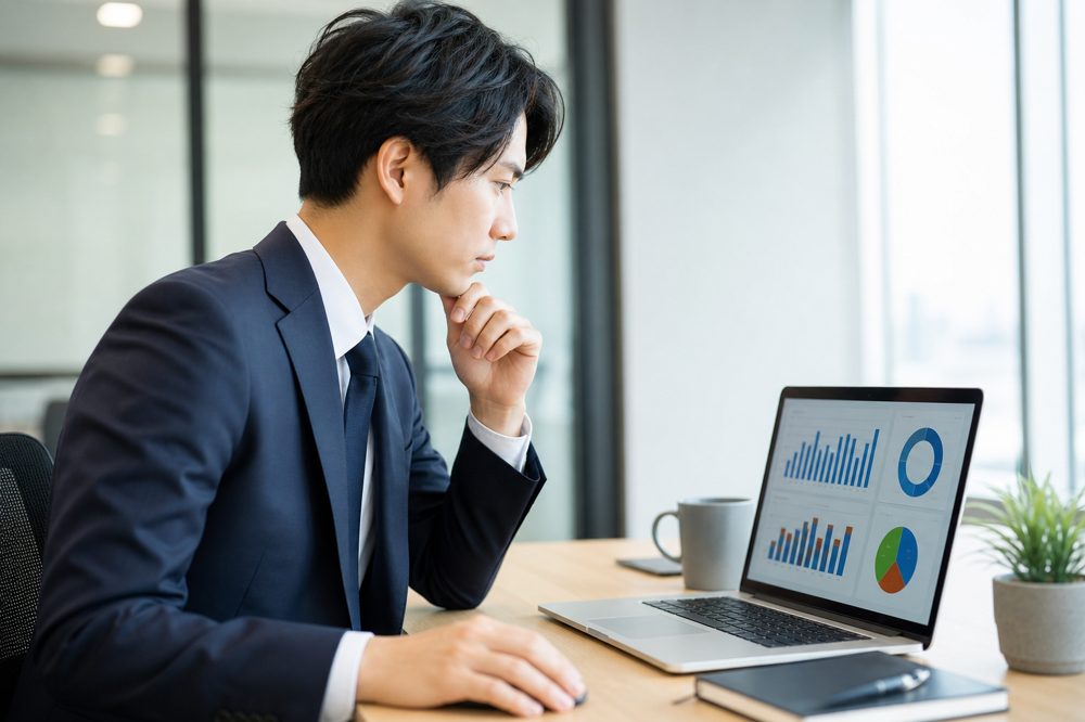 営業データを分析するビジネスパーソンのノートPC画面