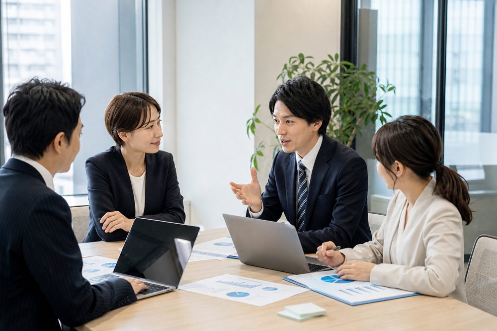 中小企業チームが営業戦略を話し合うオフィスの風景